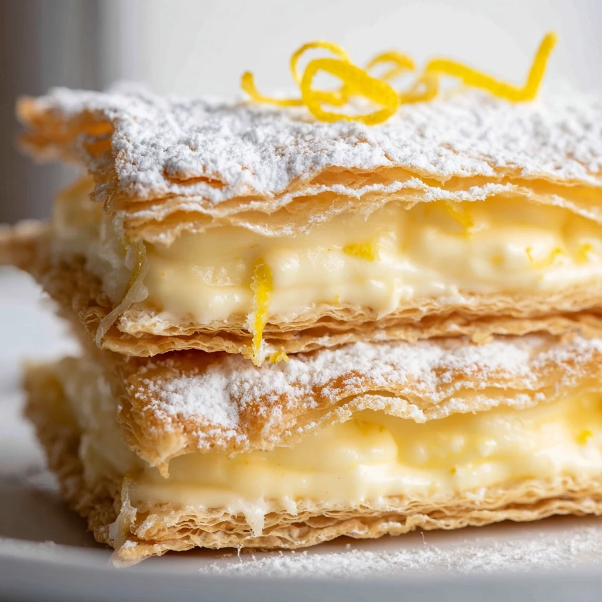 Elegant lemon ricotta puff pastry mille feuille with delicate golden crust and fresh zest