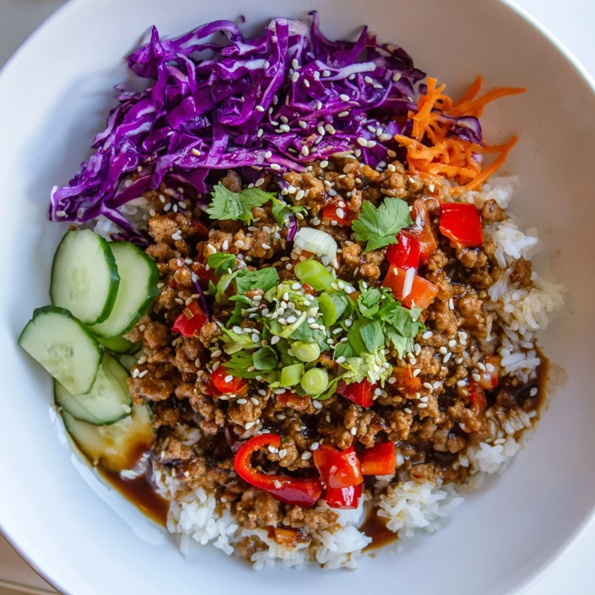 Savory ground turkey rice bowls drizzled with tangy sauce and served in rustic ceramic dishes
