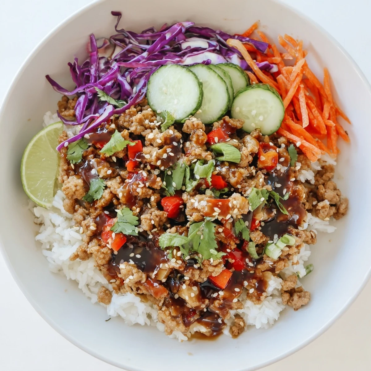 Hearty ground turkey rice bowls loaded with shredded cabbage, sliced cucumber, and lime wedges