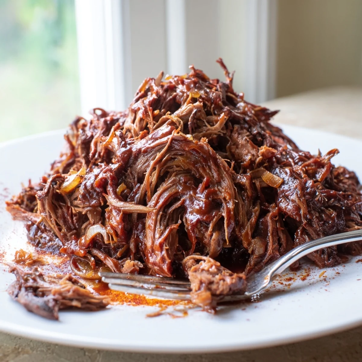 Tender shredded Slow Cooker BBQ Pulled Beef glistening in rich, smoky barbecue sauce