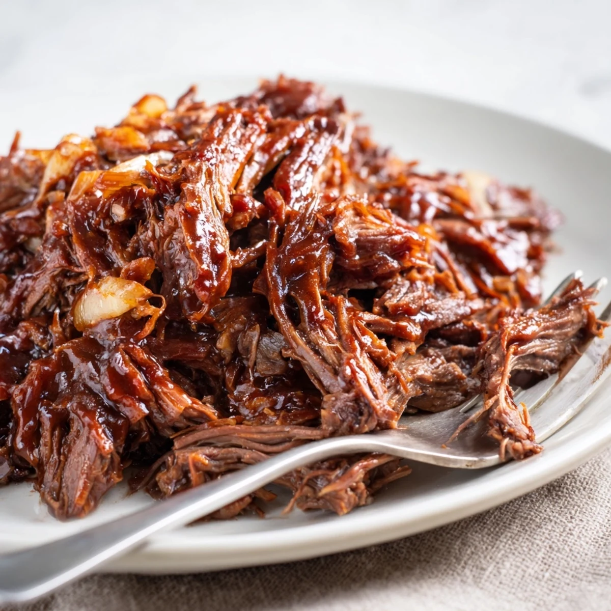 Slow Cooker BBQ Pulled Beef fork-tender and coated in tangy sauce over fluffy rice