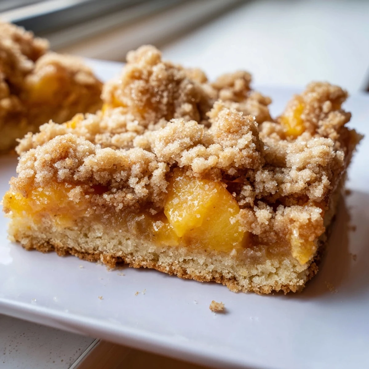 Golden sweet and buttery peach bars with cinnamon streusel topped with vanilla ice cream