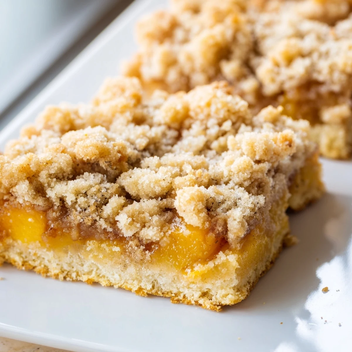 Sweet and buttery peach bars with cinnamon streusel showcasing a bubbly golden crumb topping