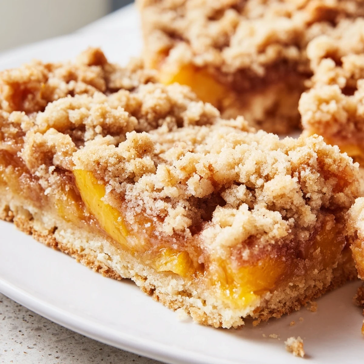 Warm peach bars with cinnamon streusel cut into squares on a rustic baking sheet