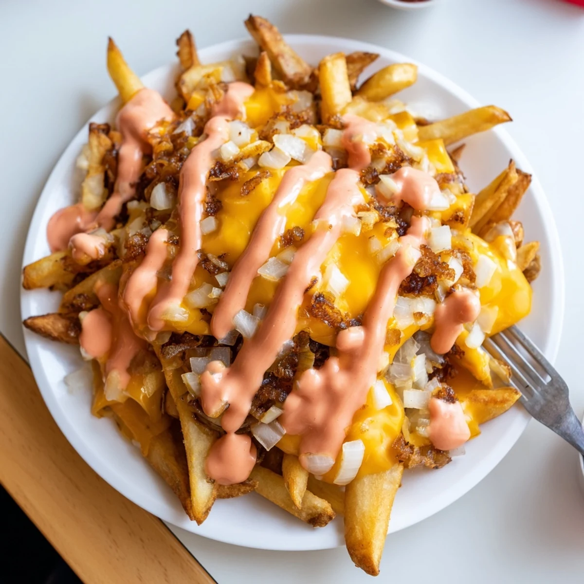 Crispy Animal Style Fries loaded with melted cheese and tangy special sauce