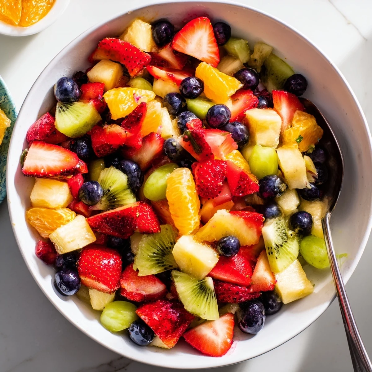 Colorful fruit bowl filled with ripe strawberries, blueberries, kiwi, and pineapple chunks