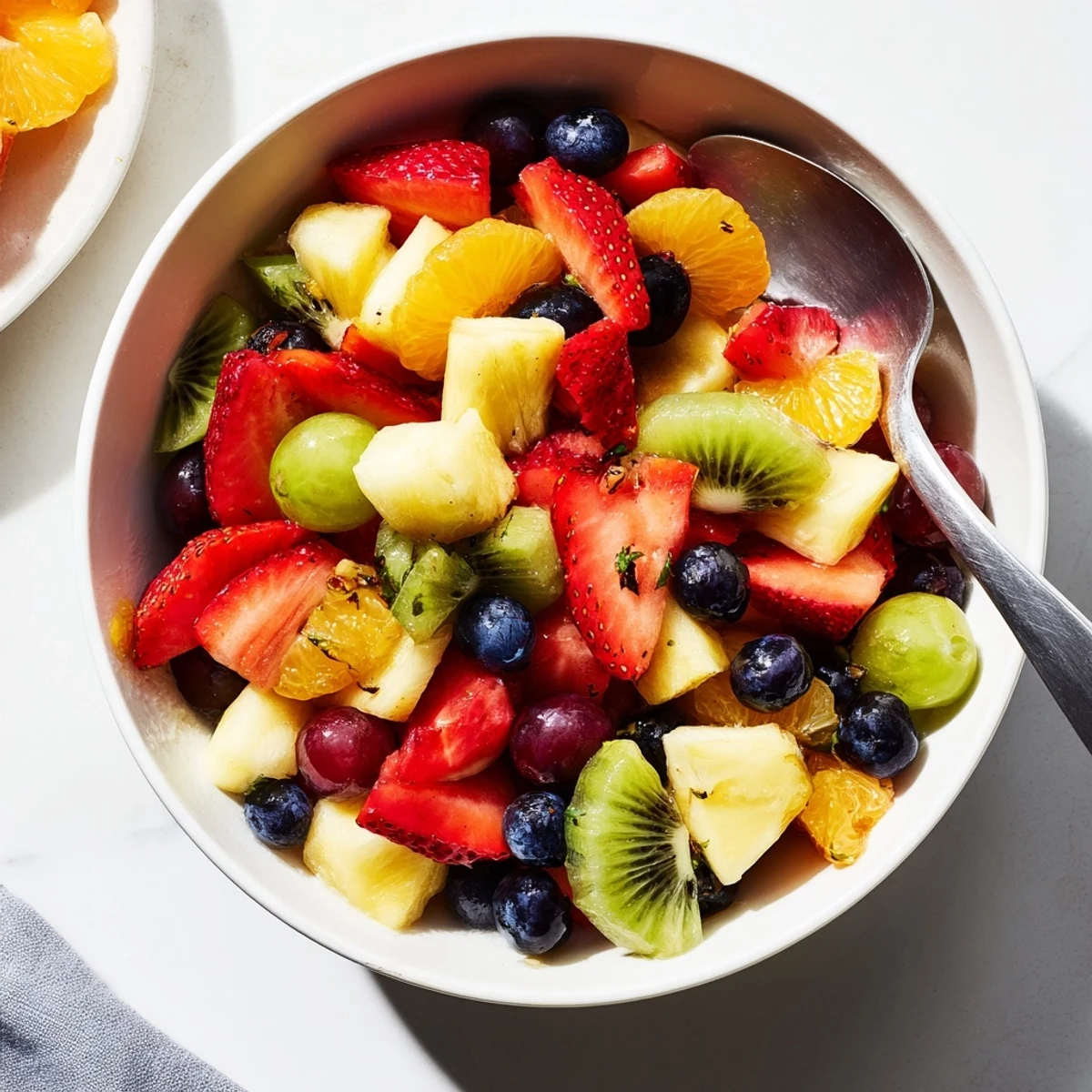 Fresh fruit bowl arranged on a white platter with vibrant seasonal berries