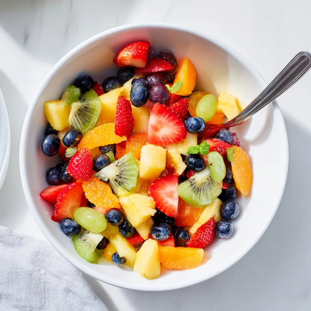 Refreshing fruit bowl drizzled with honey and mint, ready to serve immediately