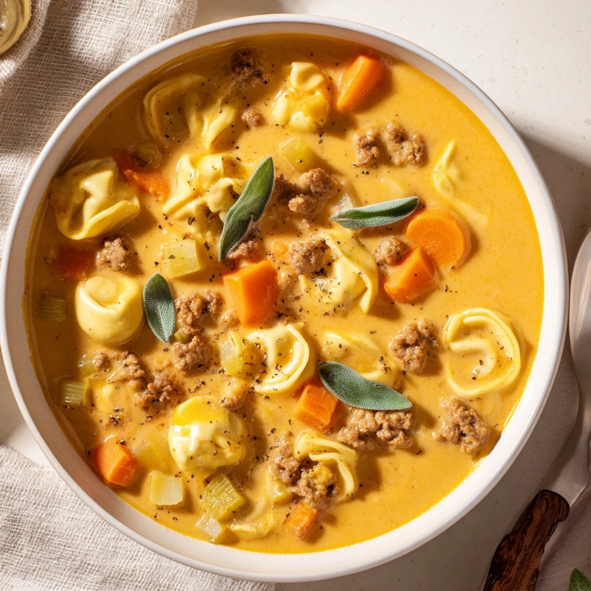 Creamy butternut squash sausage tortellini soup ladled into a rustic bowl with melted sage cheese swirl on top