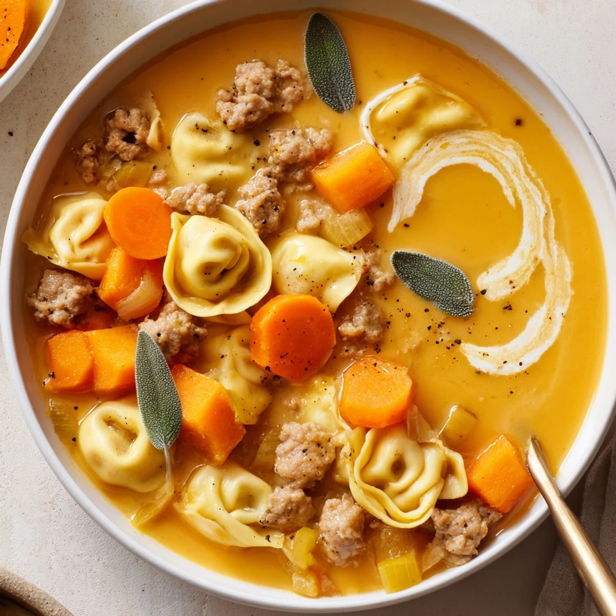 Steaming bowl of butternut squash sausage tortellini soup with plump pasta, crumbled sausage, and a creamy cheese drizzle