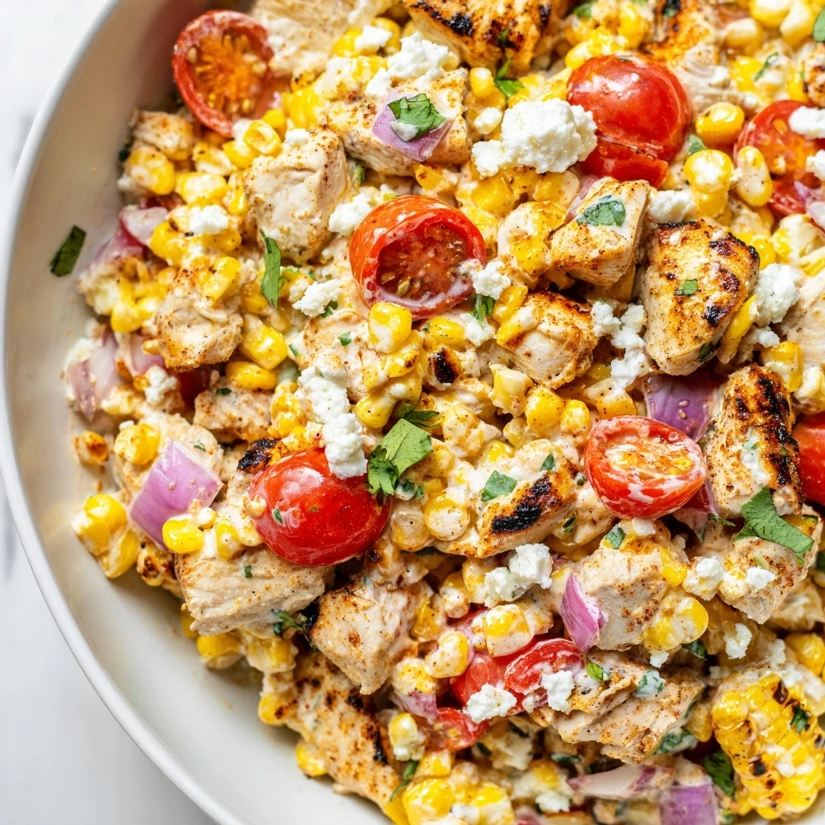 High Protein Chicken Street Corn Salad in a rustic bowl with charred kernels and crumbled cotija cheese