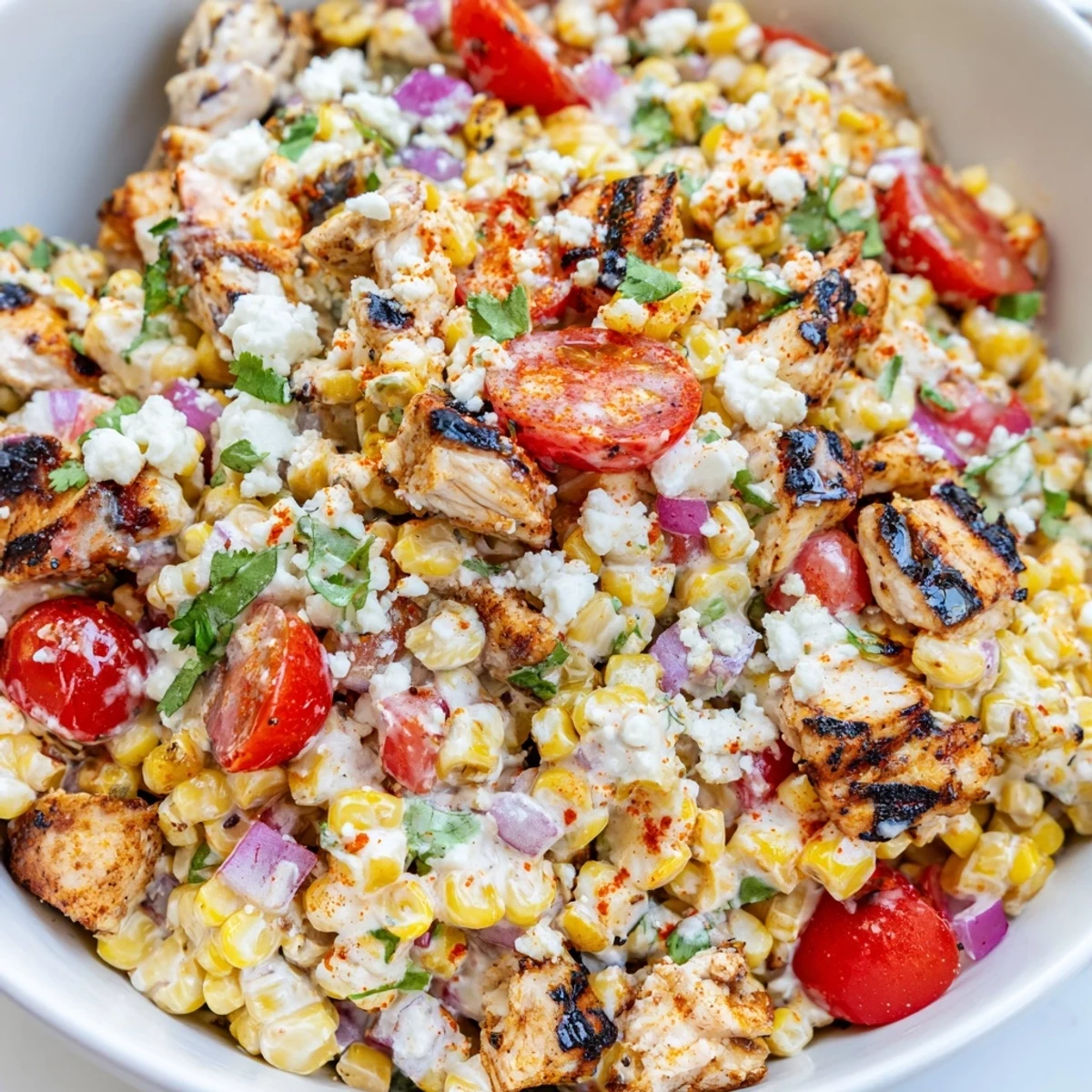 High Protein Chicken Street Corn Salad topped with juicy grilled chicken and a creamy Tajin dressing
