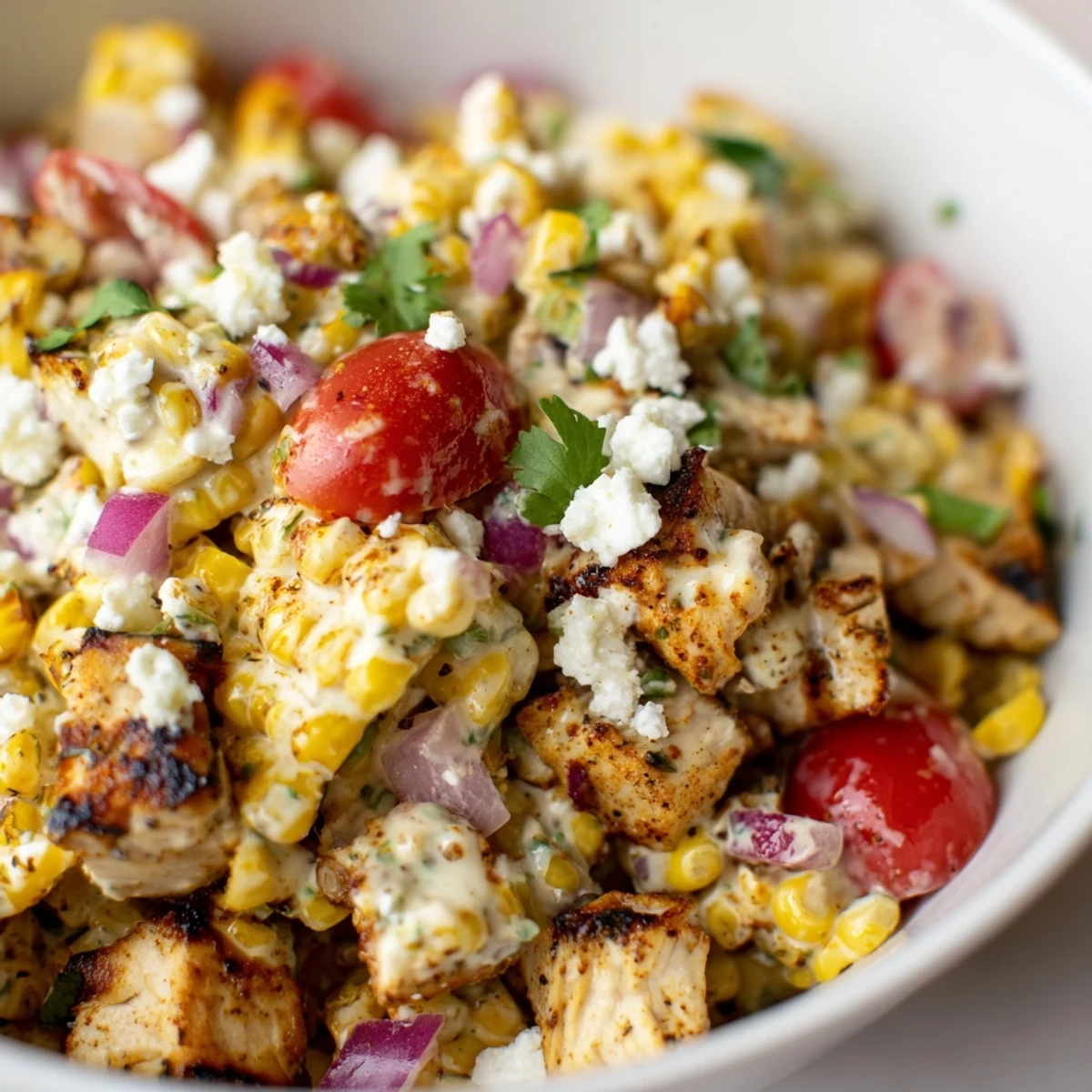High Protein Chicken Street Corn Salad served on tortilla chips with fresh cilantro and diced tomatoes