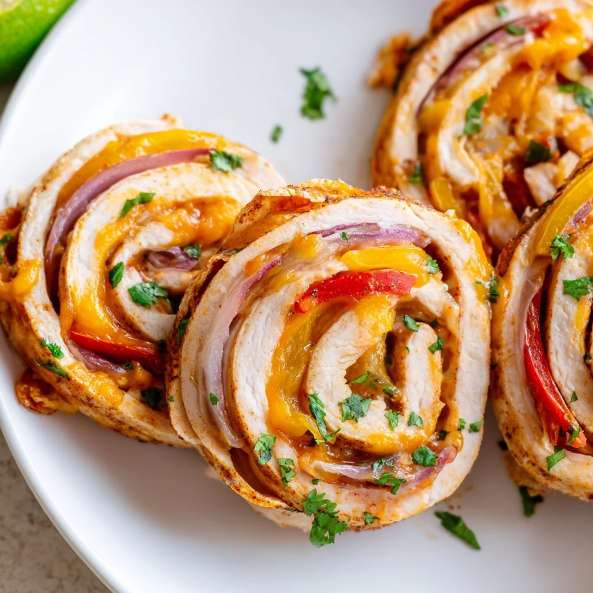 Golden baked chicken fajita roll ups sliced to reveal melted cheese and colorful peppers