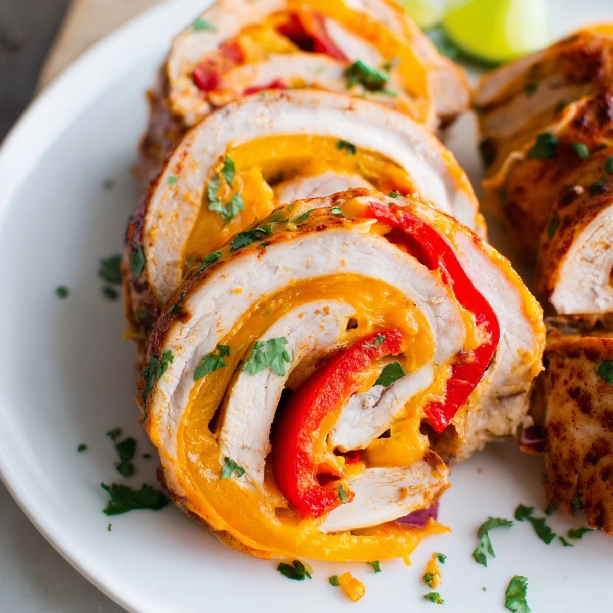 Spicy baked chicken fajita roll ups arranged seam side down in a baking dish