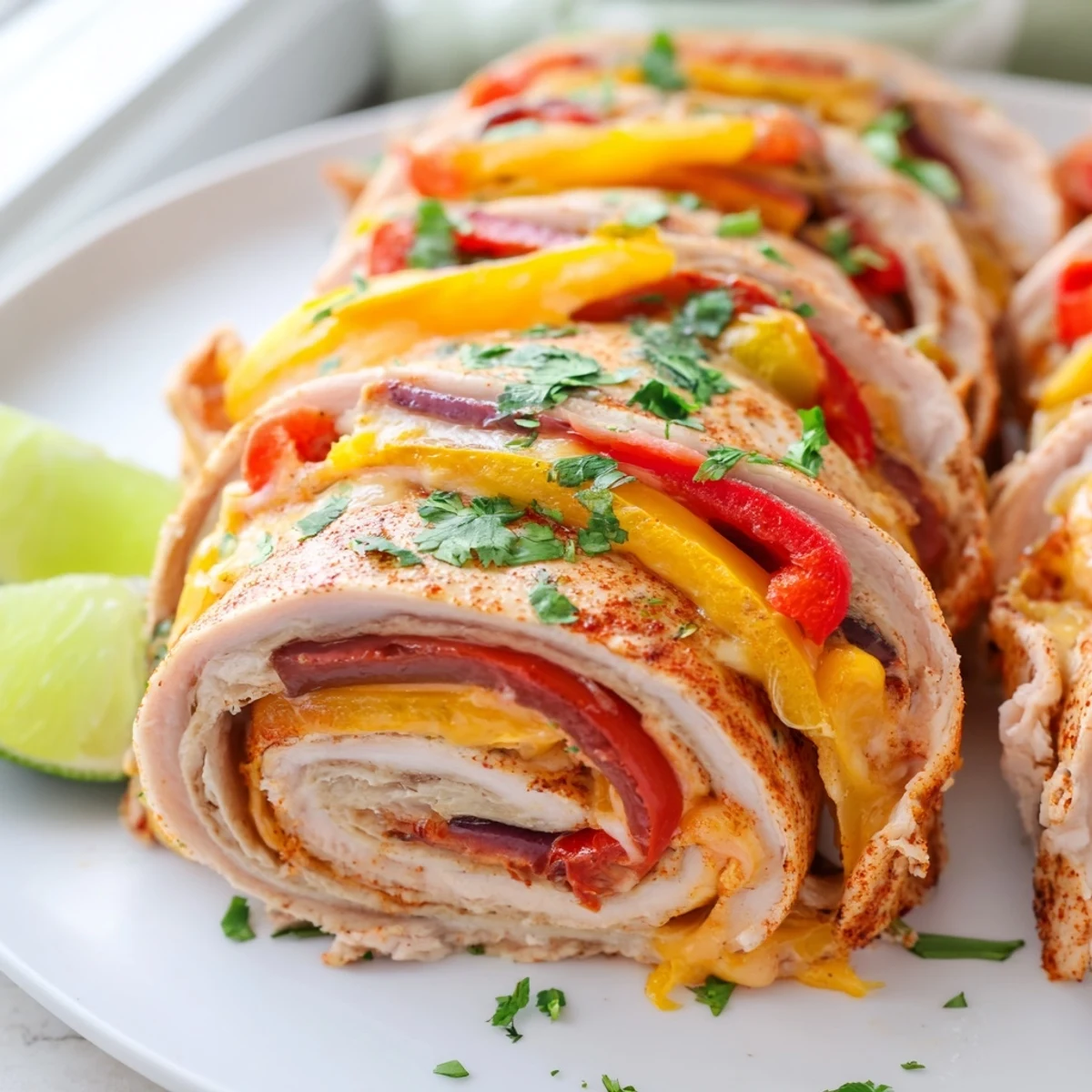 Juicy baked chicken fajita roll ups garnished with fresh cilantro and lime wedges