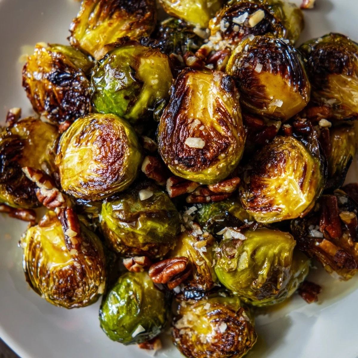 Golden roasted honey balsamic Brussels sprouts scattered with toasted pecans on a rustic dish