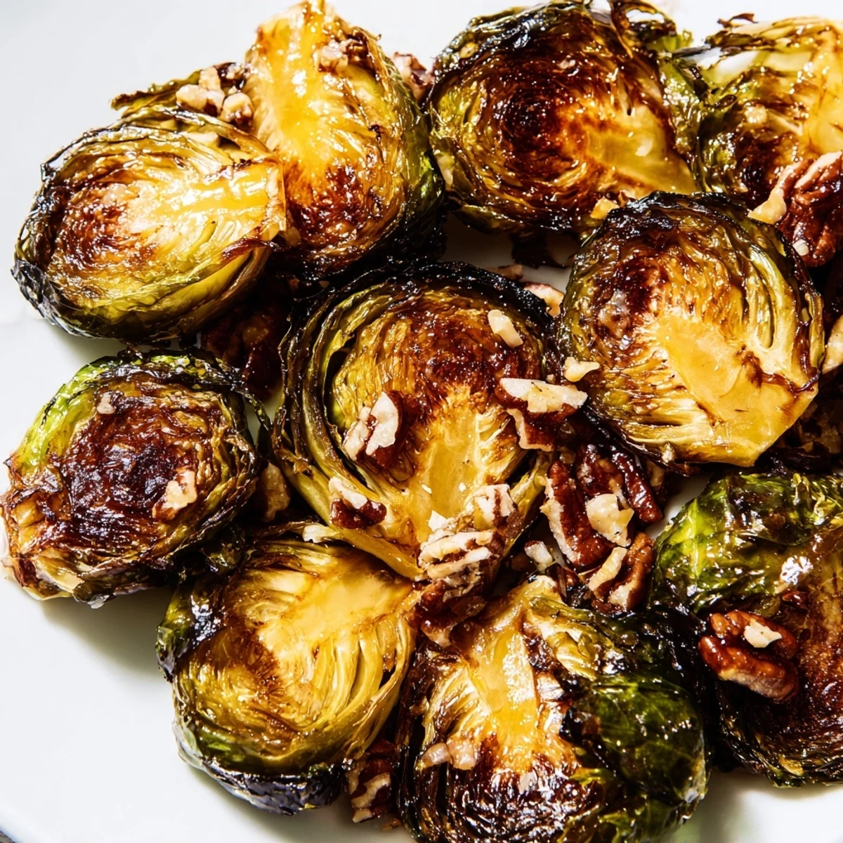 Honey balsamic Brussels sprouts glistening on a sheet pan with charred edges