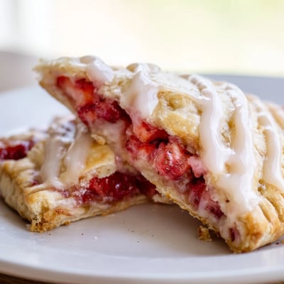 Close-up view of a Strawberry Hand Pies with Glaze, highlighting the juicy red strawberries and crimped crust edges.