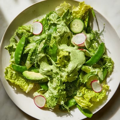 Fresh Green Salad with Green Goddess Dressing served in a white bowl, topped with bright radishes and sugar snap peas.  
