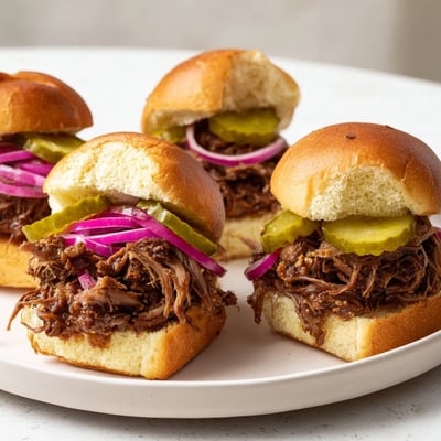 A close-up of juicy Pulled Beef Sliders with Pickles and Onion ready to serve.