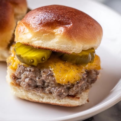 Four golden beef sliders with cheese and pickles arranged on a wooden serving board for a party.