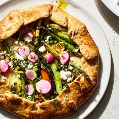 Rustic Spring Vegetable Galette with goat cheese, sliced and served on a white plate with a glass of white wine. 