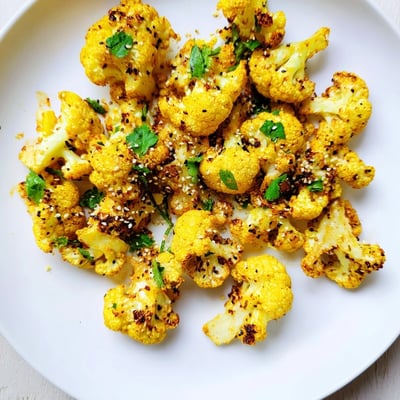 Turmeric roasted cauliflower florets on a baking sheet, crisped and ready to serve.