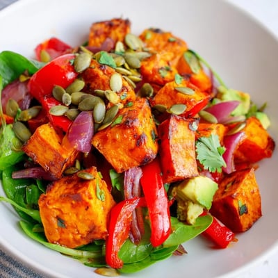 Roasted sweet potato salad tossed with fresh arugula, red bell pepper, and a zesty homemade lime vinaigrette.