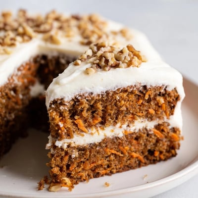 A whole Easter Carrot Cake with Walnuts features spiced layers, rich cream cheese frosting, and extra nuts on top.
