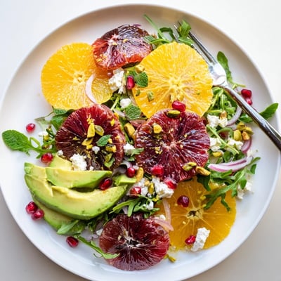 Vibrant citrus salad topped with ruby pomegranate jewels, sliced avocado, and tangy feta