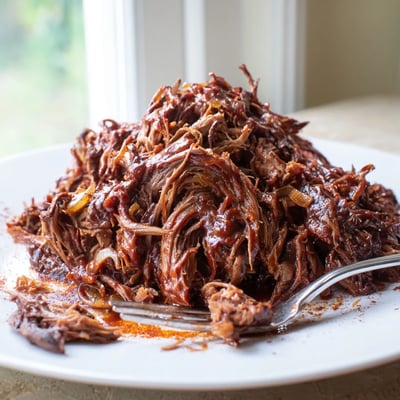 Tender shredded Slow Cooker BBQ Pulled Beef glistening in rich, smoky barbecue sauce