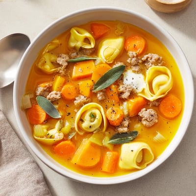 Golden butternut squash sausage tortellini soup topped with a ribbon of herbed sage cheese and fresh sage leaves