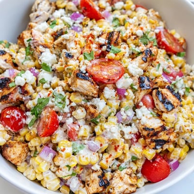 High Protein Chicken Street Corn Salad topped with juicy grilled chicken and a creamy Tajin dressing